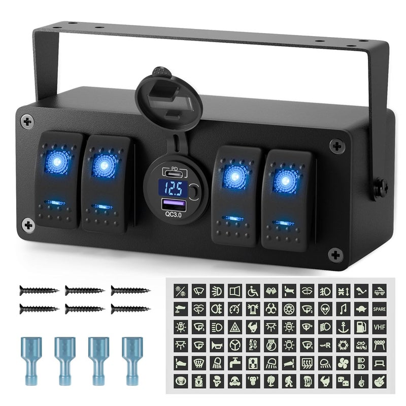 Joinfworld 4 Gang Rocker Switch Box 12V SPST ON/Off Marine Switch Panel 12 Volt Waterproof Blue LED Light Bar with Dual USB Outlet PD3.0 & QC3.0 Car USB Port for Boat Automotive Car Truck RV UTV - Image 1